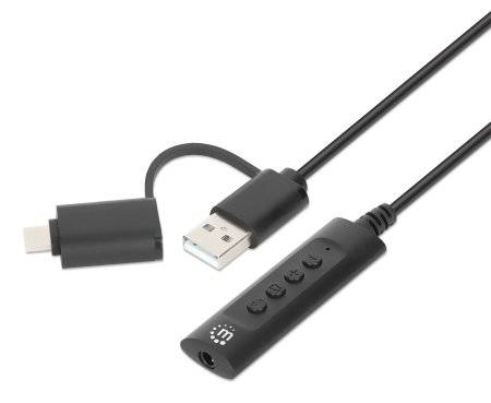 Manhattan USB-Kabel Klinke 3.5mm Buchse, USB-A Stecker, USB-C® Stecker 1.00m Schwarz mit Lautstärkeregler 153560