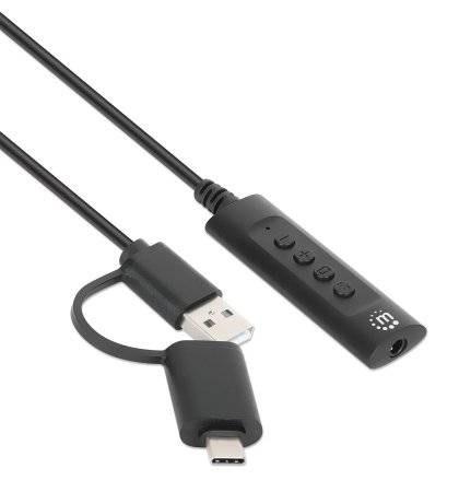 Manhattan USB-Kabel Klinke 3.5mm Buchse, USB-A Stecker, USB-C® Stecker 1.00m Schwarz mit Lautstärkeregler 153560