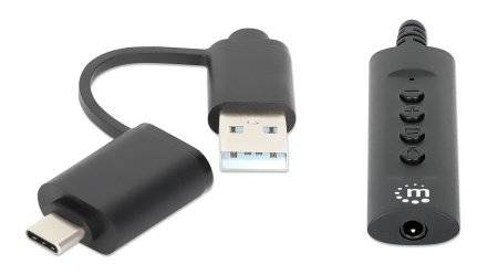 Manhattan USB-Kabel Klinke 3.5mm Buchse, USB-A Stecker, USB-C® Stecker 1.00m Schwarz mit Lautstärkeregler 153560