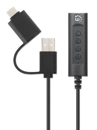 Manhattan USB-Kabel Klinke 3.5mm Buchse, USB-A Stecker, USB-C® Stecker 1.00m Schwarz mit Lautstärkeregler 153560