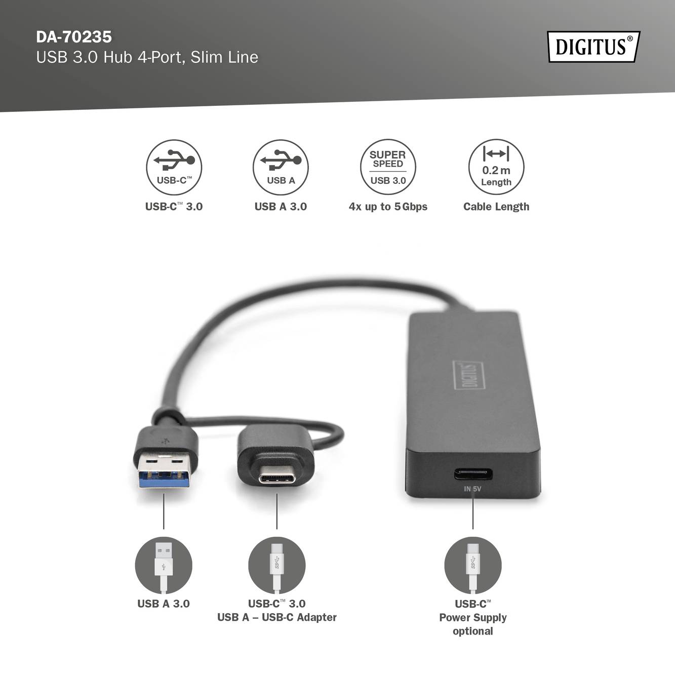Digitus DA-70235 USB 3.0-Hub mit USB-C® Stecker Schwarz