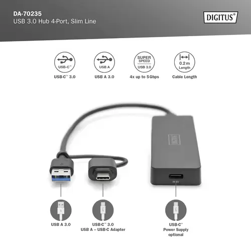 Digitus DA-70235 USB 3.0-Hub mit USB-C® Stecker Schwarz Digitus DA-70235 USB 3.0-Hub mit USB-C® Stecker Schwarz