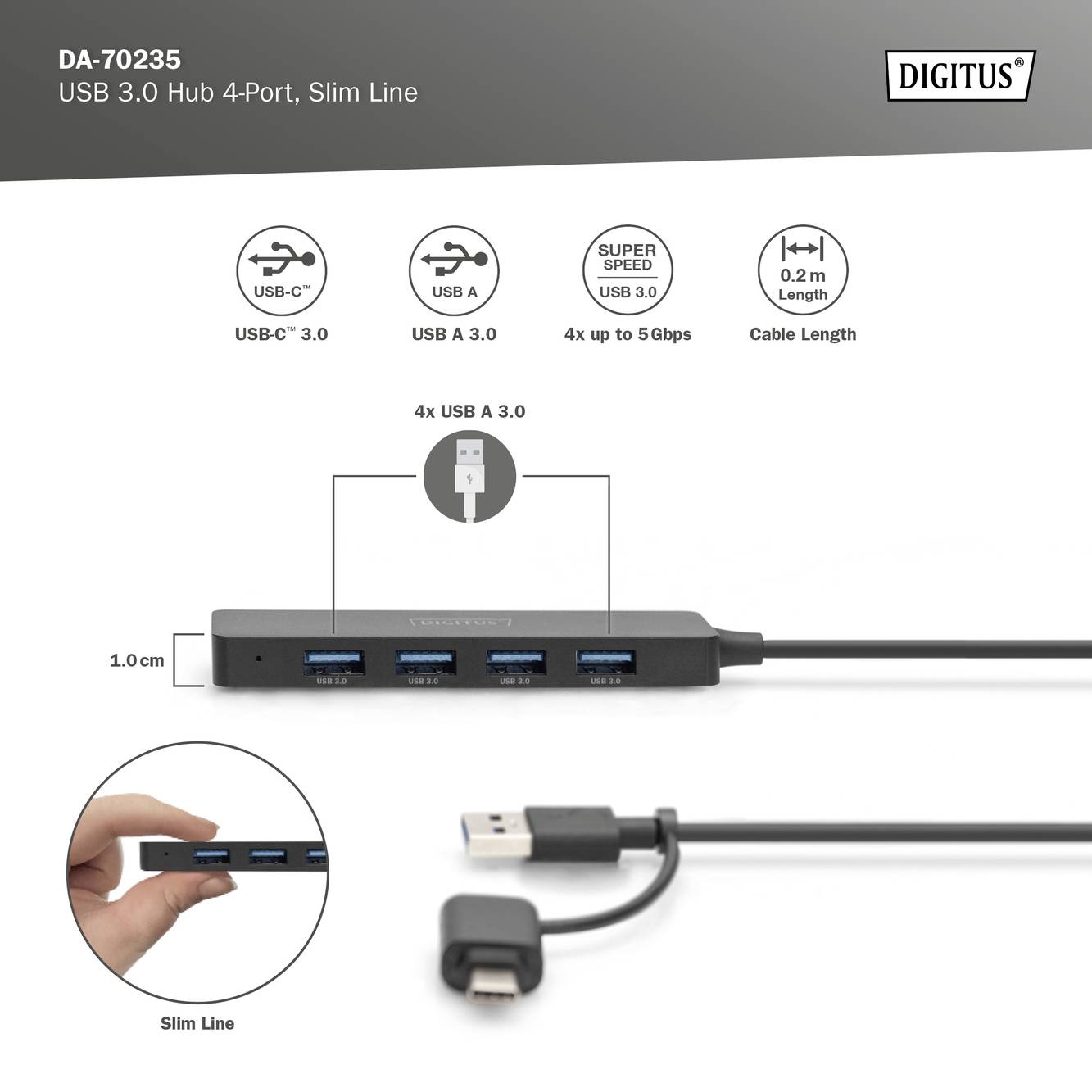 Digitus DA-70235 USB 3.0-Hub mit USB-C® Stecker Schwarz