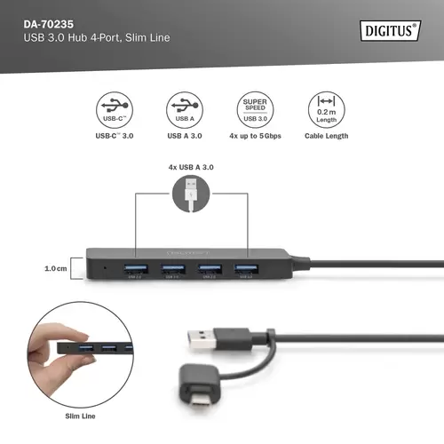 Digitus DA-70235 USB 3.0-Hub mit USB-C® Stecker Schwarz Digitus DA-70235 USB 3.0-Hub mit USB-C® Stecker Schwarz