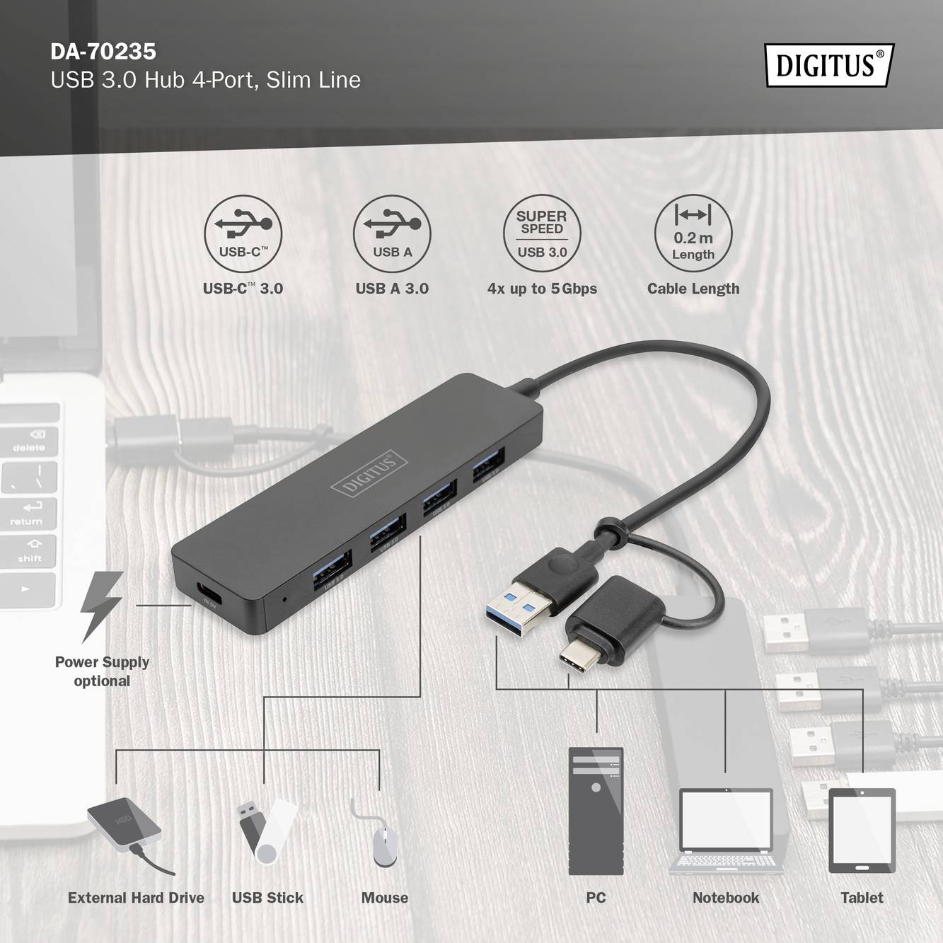 Digitus DA-70235 USB 3.0-Hub mit USB-C® Stecker Schwarz