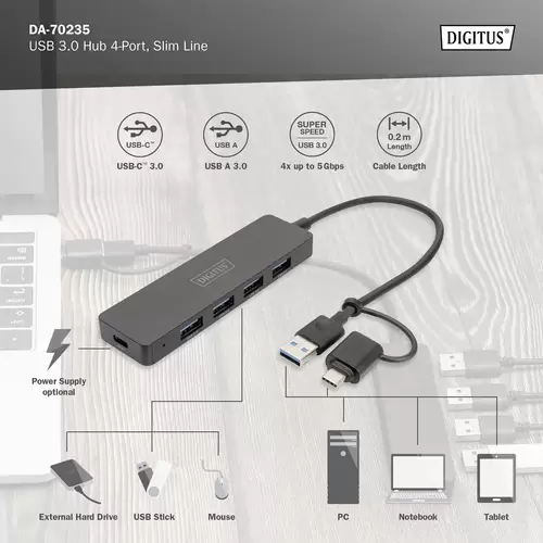 Digitus DA-70235 USB 3.0-Hub mit USB-C® Stecker Schwarz Digitus DA-70235 USB 3.0-Hub mit USB-C® Stecker Schwarz