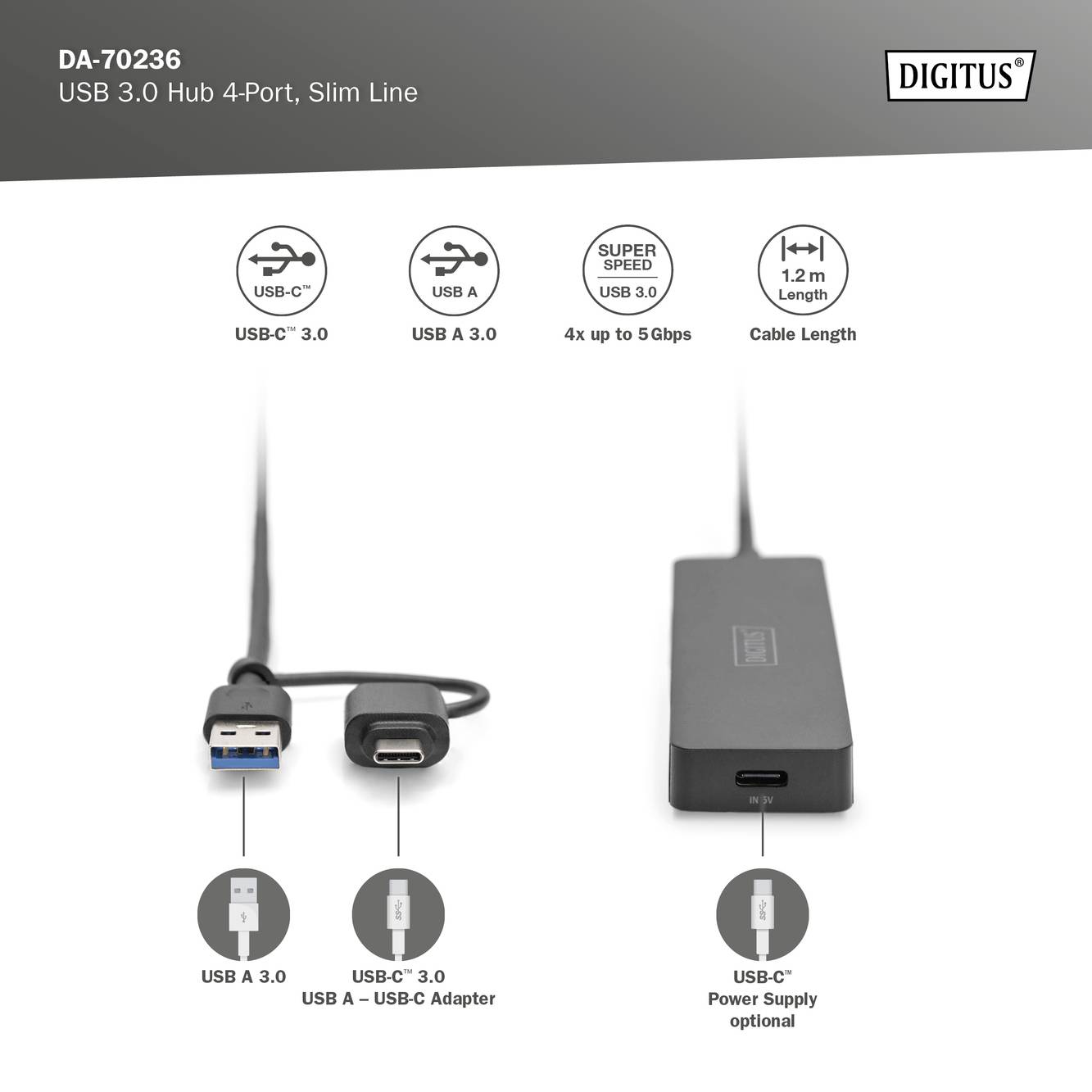 USB 3.0 Hub mit vier Ports, ein USB-C auf USB-A Adapter, unterstützt Datenübertragung bis zu 5 Gbps, zwei Kabel, optionaler Netzanschluss.