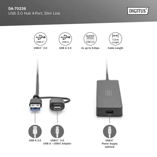 Digitus DA-70236 4 Port USB 3.0-Hub mit USB-C® Stecker Schwarz Digitus DA-70236 4 Port USB 3.0-Hub mit USB-C® Stecker Schwarz