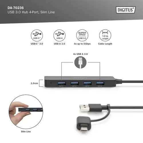 Digitus DA-70236 4 Port USB 3.0-Hub mit USB-C® Stecker Schwarz Digitus DA-70236 4 Port USB 3.0-Hub mit USB-C® Stecker Schwarz