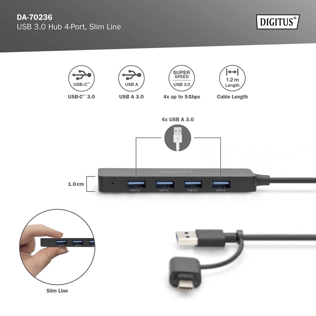 USB 3.0 Hub mit 4 Ports, schlankes Design, unterstützt bis zu 5 Gbps. Enthält 1,2 m Kabel. Zeigt Vorder- und Rückansicht sowie USB-Anschlüsse.