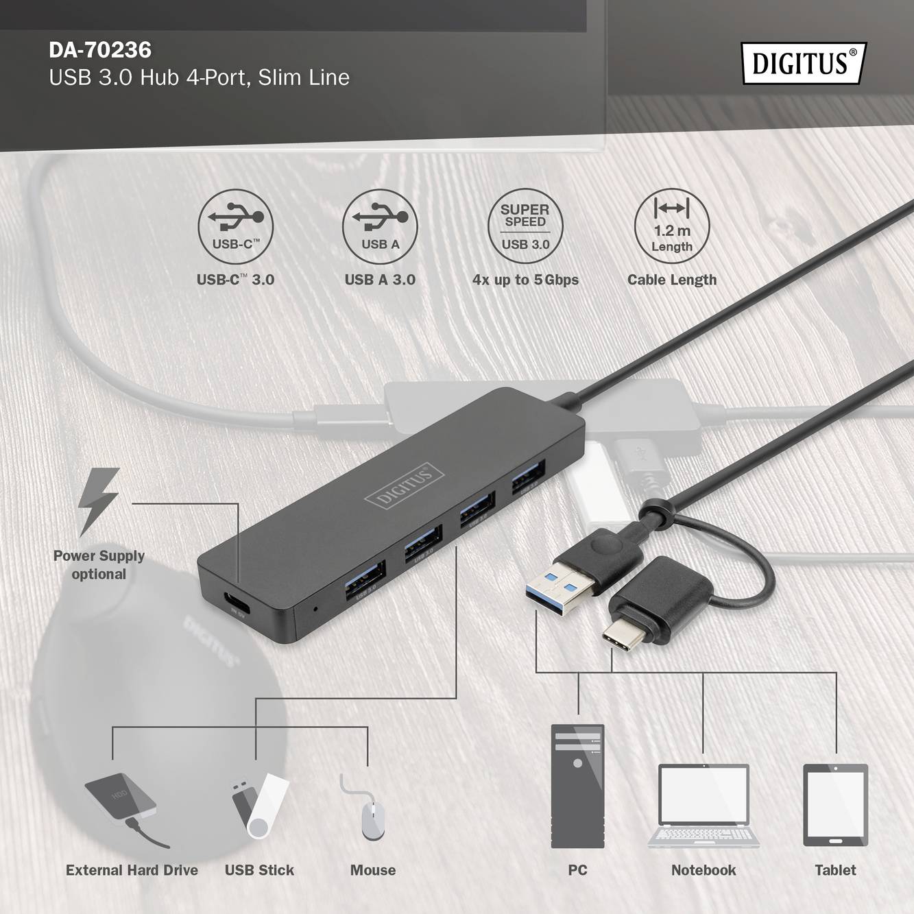 USB-Hub mit vier Anschlüssen: Drei USB 3.0-Anschlüsse, ein USB-C-Anschluss. Unterstützt Datenübertragung bis 5 Gbps. Geeignet für PC, externe Festplatte, USB-Stick, Maus.