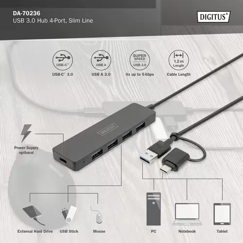Digitus DA-70236 4 Port USB 3.0-Hub mit USB-C® Stecker Schwarz Digitus DA-70236 4 Port USB 3.0-Hub mit USB-C® Stecker Schwarz