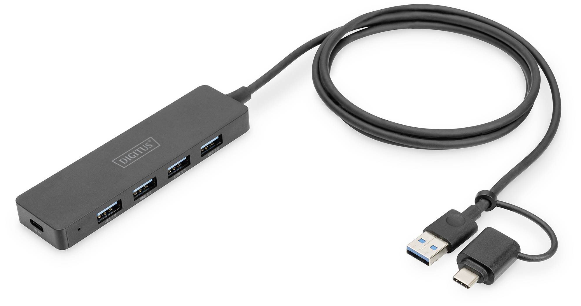 Ein schwarzer USB-Hub mit vier USB-Anschlüssen und einem angeschlossenen Kabel mit USB-C- und USB-A-Steckern.