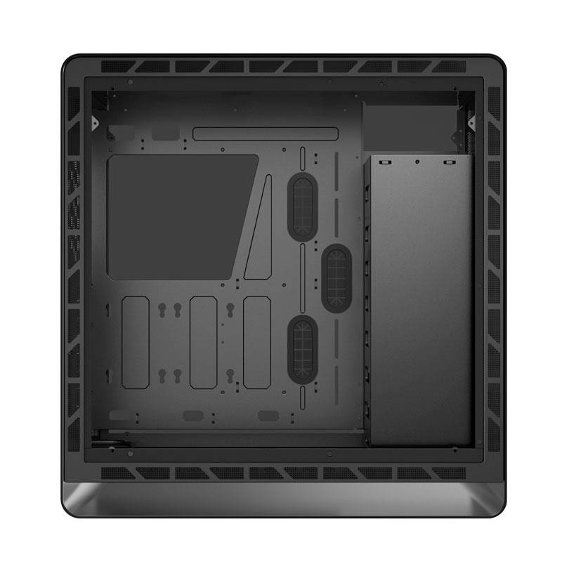 Ein leeres Computergehäuse mit schwarzen Wänden und Belüftungsöffnungen, bereit für den Einbau von Hardwarekomponenten.