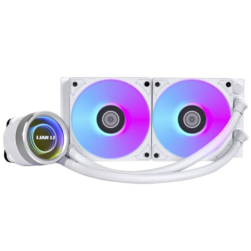 Ein weißer PC-Wasserkühler mit zwei leuchtenden Lüftern in einem Spektrum aus Blau, Lila und Pink. Markenzeichen 'LIAN LI' sichtbar.