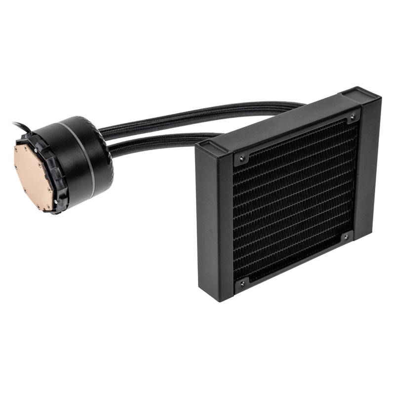 Ein schwarzer Computer-Wasserkühler mit Kühlerblock auf der linken Seite und rechteckigem Radiator auf der rechten Seite.