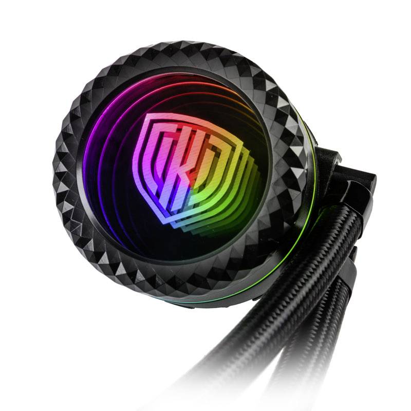 Ein runder, schwarz glänzender PC-Kühler mit RGB-Beleuchtung zeigt ein mehrfarbiges Lichtmuster und ein zentrales Logo im Kreis.