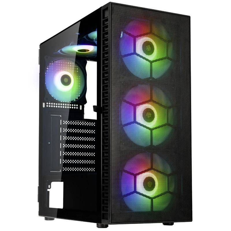 Schwarzes PC-Gehäuse mit transparentem Seitenfenster, drei frontale und ein hinterer RGB-beleuchteter Lüfter.