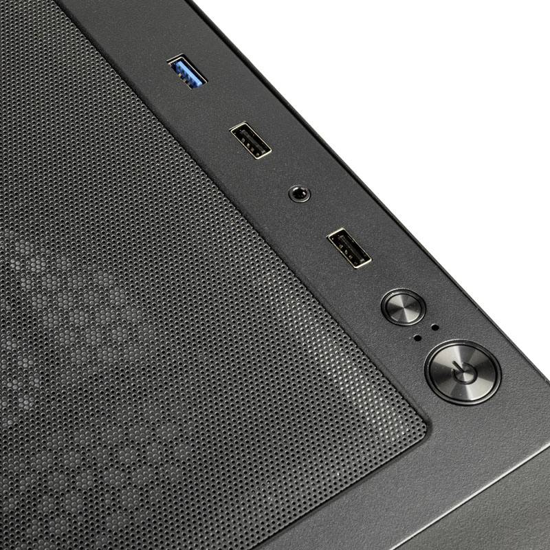 Gehäuseoberseite eines PCs mit USB-Anschlüssen, Kopfhöreranschluss und Power-Button, modern gestaltet.