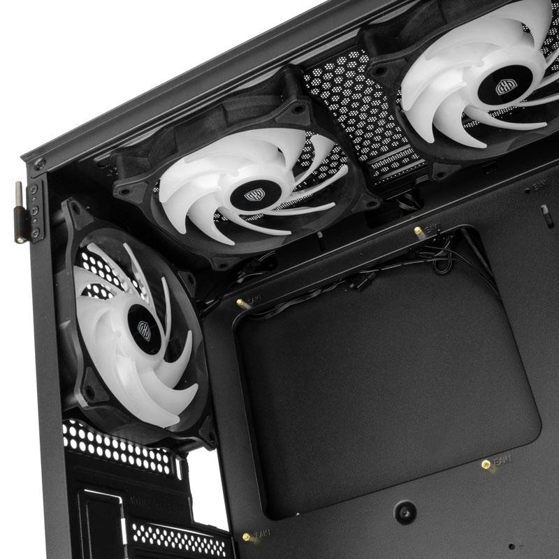 Computergehäuse mit eingebauten Lüftern zur Kühlung, schwarzes Gehäuse, drei große weiße Lüfter sichtbar, Seitenansicht.