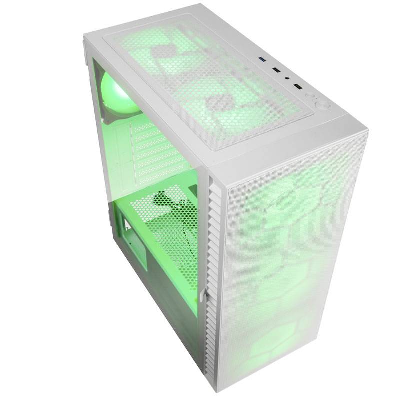 Ein weißes PC-Gehäuse mit grüner Innenbeleuchtung, Lüftern und Staubfiltern. Ober- und Vorderseite sind perforiert.