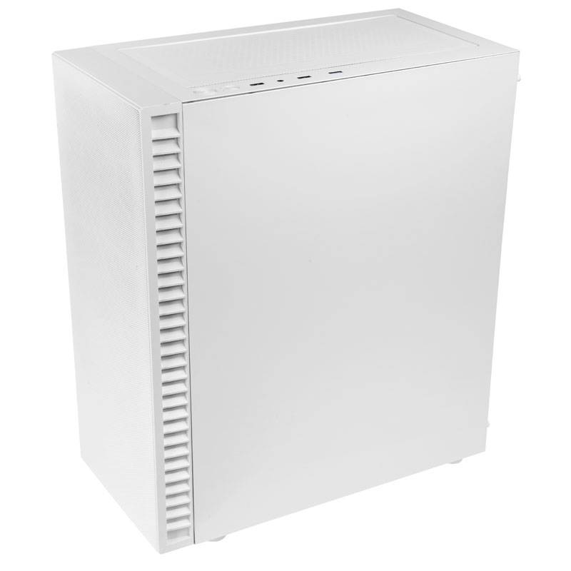 Weißes Computergehäuse mit schlichtem, modernem Design und geschlossenen Seiten, geeignet für Büroeinsatz oder Gaming-PCs.