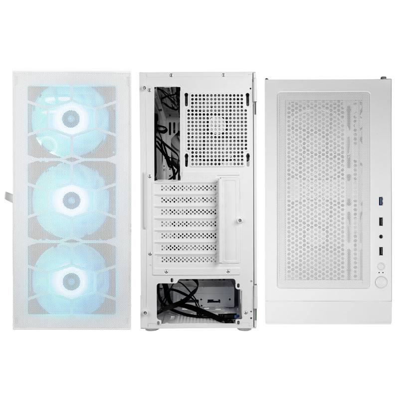 Ein weißes Computergehäuse mit drei leuchtenden Lüftern vorne und geöffnetem Gehäusedeckel zeigt interne Steckplätze und Verkabelung.