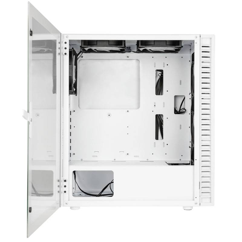 Ein offenes, leeres weißes Computergehäuse mit Glastür, Kabelmanagement und Platz für Lüfter und Komponenten.