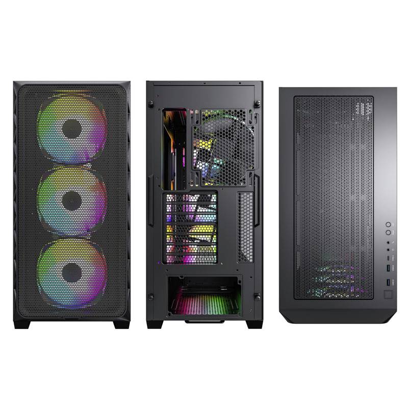 Dreiteiliges PC-Gehäuse mit Sicht auf die Vorderseite, Innenseite und Oberseite. Beleuchtete Lüfter and Gitterabdeckung sind sichtbar.
