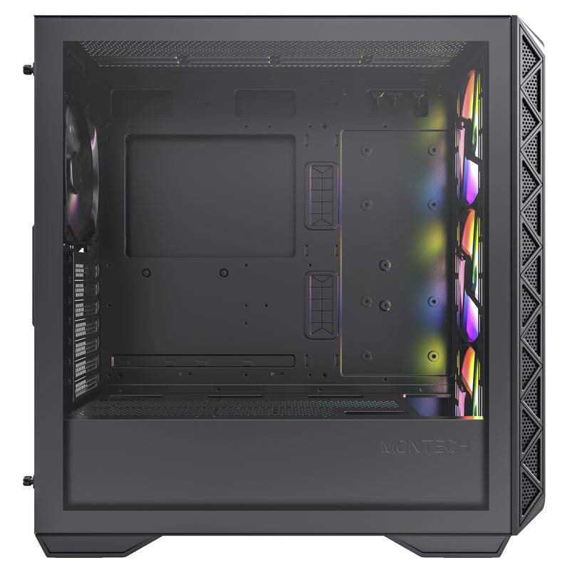 Schwarzes Computergehäuse mit transparentem Seitenfenster und integrierter bunter RGB-Beleuchtung. Leer und bereit zum Einbau von Komponenten.