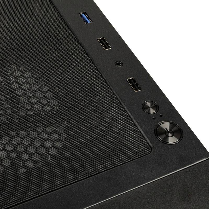 Netzteil eines Computergehäuses mit USB-Anschlüssen und runden Tasten auf der Oberseite sichtbar, umgeben von einem Gitterdesign.