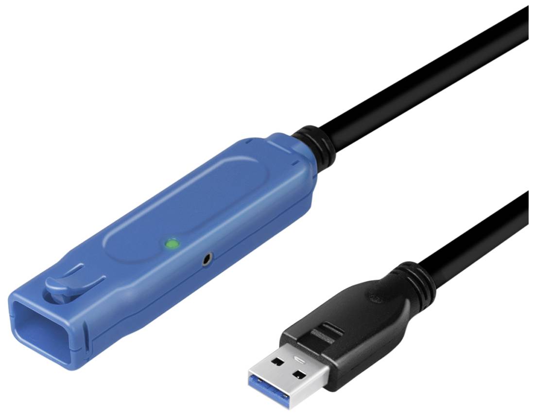Blaues USB 3.0-Verlängerungskabel mit männlichem und weiblichem Anschluss, schwarzem Kabel, dient zum Verbinden von Geräten oder Verlängern.