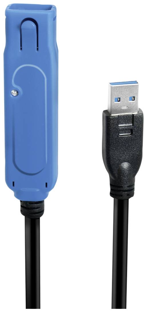 Blau-schwarzes USB 3.0 Kabel mit einem Stecker und einem schmalen Gehäuse.