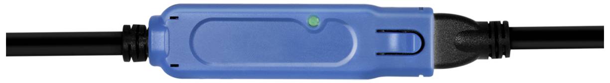 Blauer Kunststoffverbinder mit schwarzem Gummikabel, zeigt eine grüne LED-Anzeige, die auf eine aktive Verbindung hinweist.