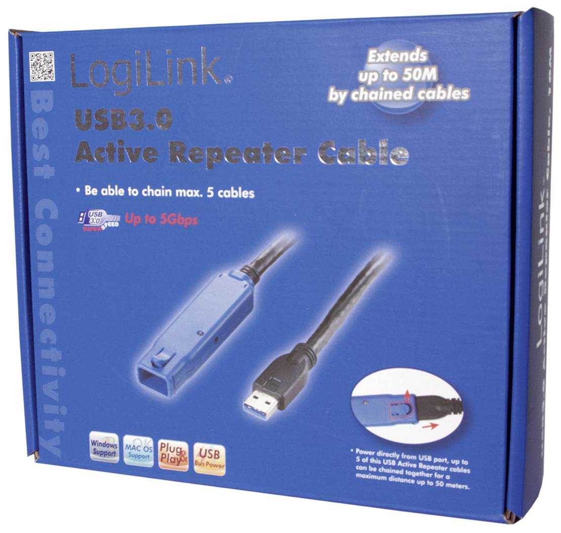 'LogiLink USB3.0 Active Repeater Cable' Verpackung zeigt eine blaue USB-Verlängerung mit Kabel, unterstützt bis zu 50m und 5 Gbps.
