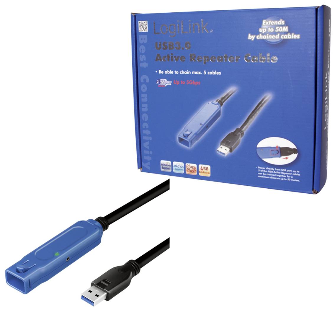 USB 3.0 Aktiv-Verlängerungskabel von LogiLink, Länge 5m. Eignet sich zum Kaskadieren von bis zu 5 Kabeln für bis zu 50m Reichweite.
