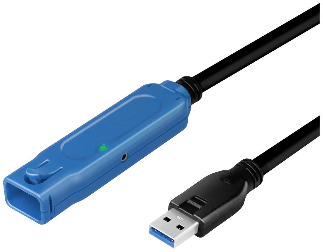 Blaues USB-Kabel mit grünem Licht und schwarzem Stecker am Ende.
