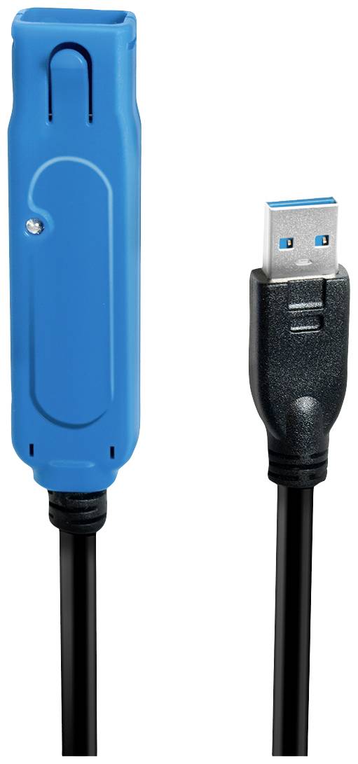 Blauer USB-Adapter mit schwarzem Kabel und USB-Anschluss, geeignet für den Datentransfer zwischen Geräten.