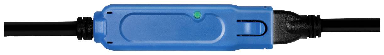 Ein blauer elektrischer Stecker mit einem schwarzen Kabel links und rechts.