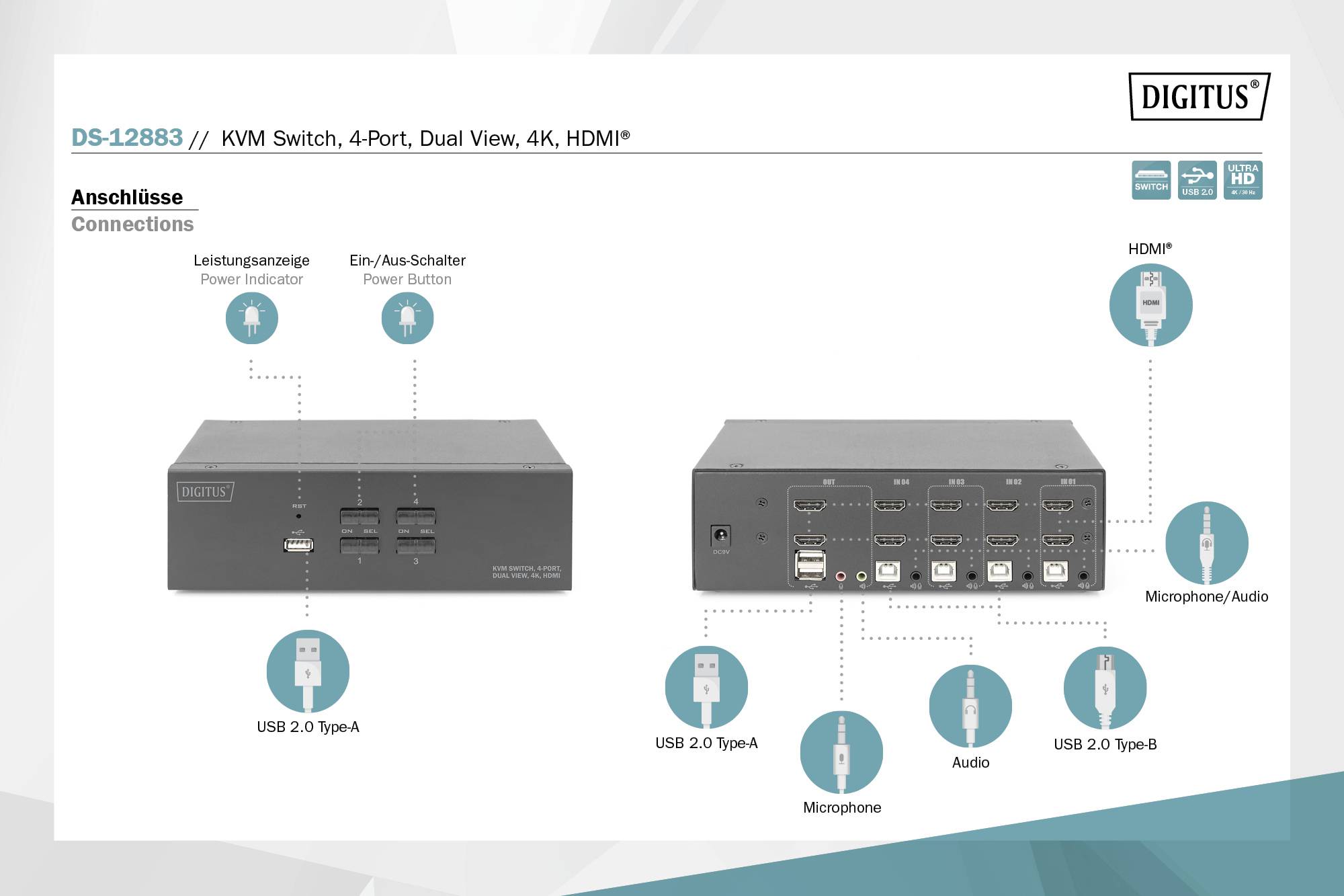 Digitus DS-12883 4 Port KVM-Umschalter HDMI 4096 x 2560 Pixel, 2040 x 1080 Pixel, 1920 x 1080 Pixel