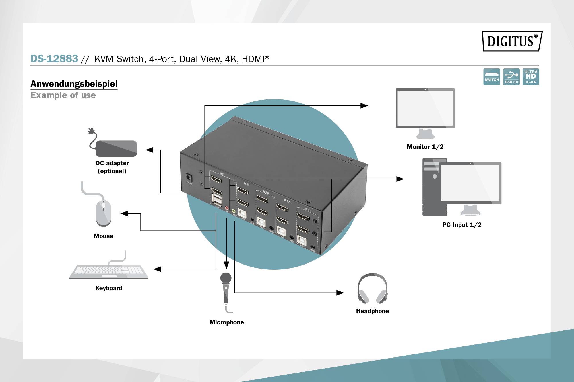 Digitus DS-12883 4 Port KVM-Umschalter HDMI 4096 x 2560 Pixel, 2040 x 1080 Pixel, 1920 x 1080 Pixel