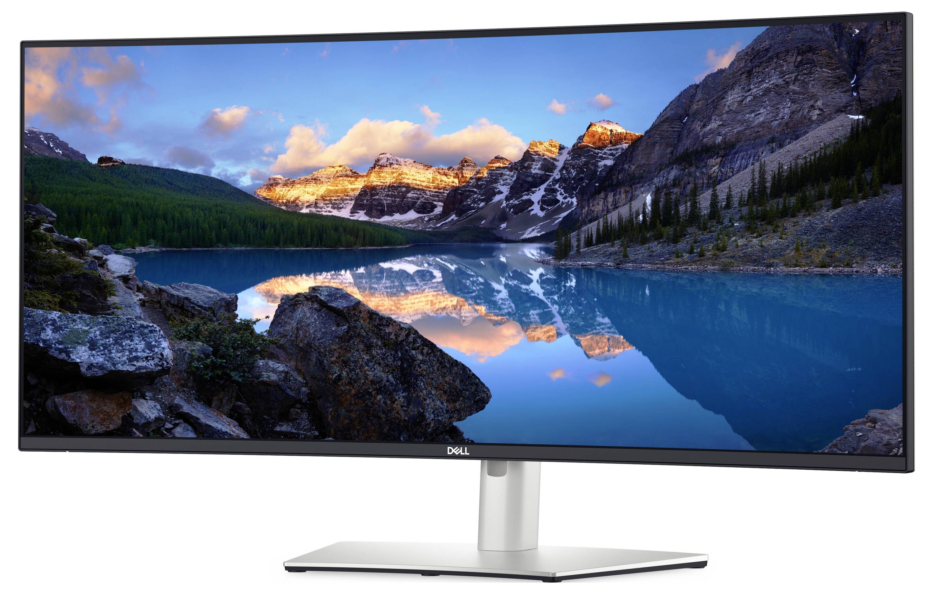 Dell-Monitor, der eine lebendige Landschaft mit Bergen, einem klaren Himmel und einem ruhigen See zeigt, der die Szenerie widerspiegelt.