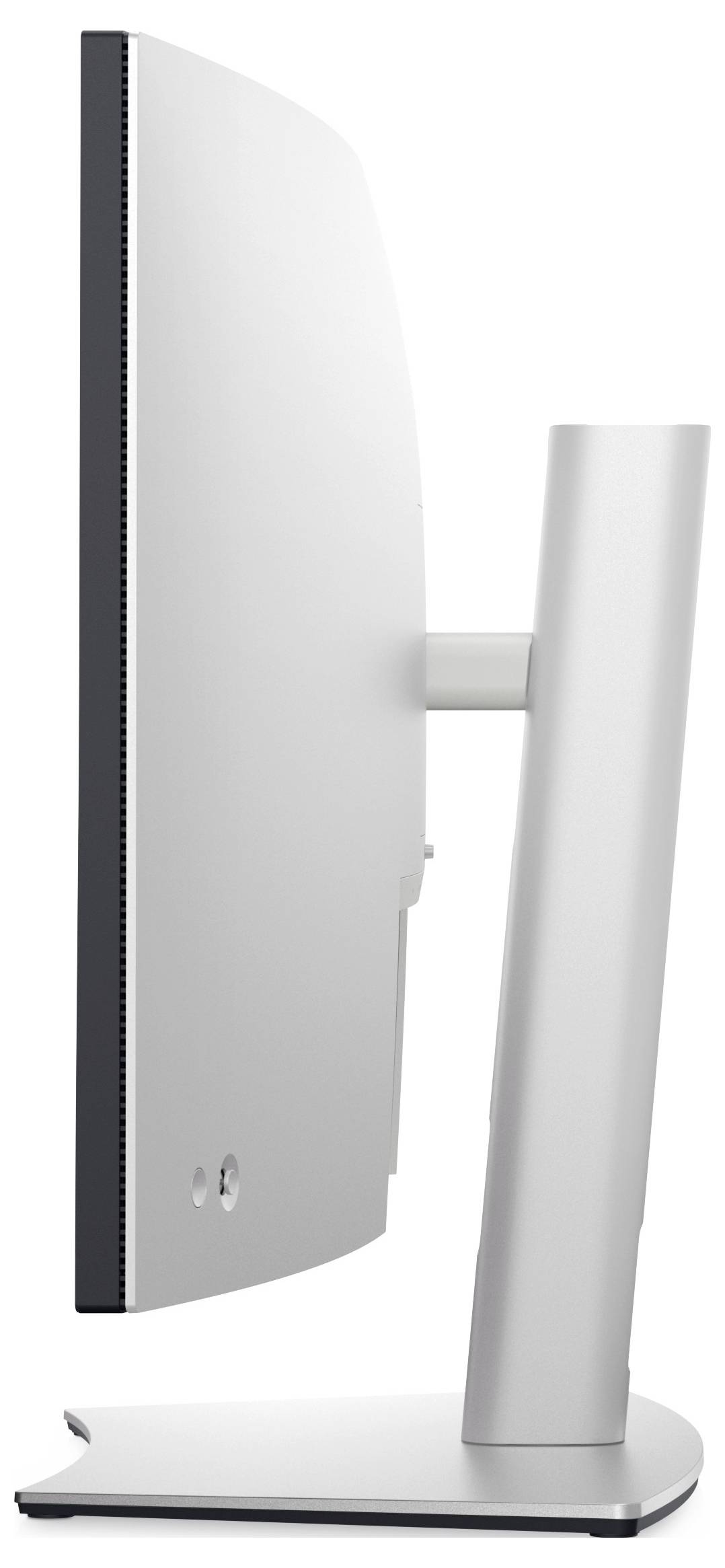 Eine Seitenansicht eines schlanken, modernen Computermonitors mit einem silbernen Ständer, die seinen dünnen Profil und sein elegantes Design betont.