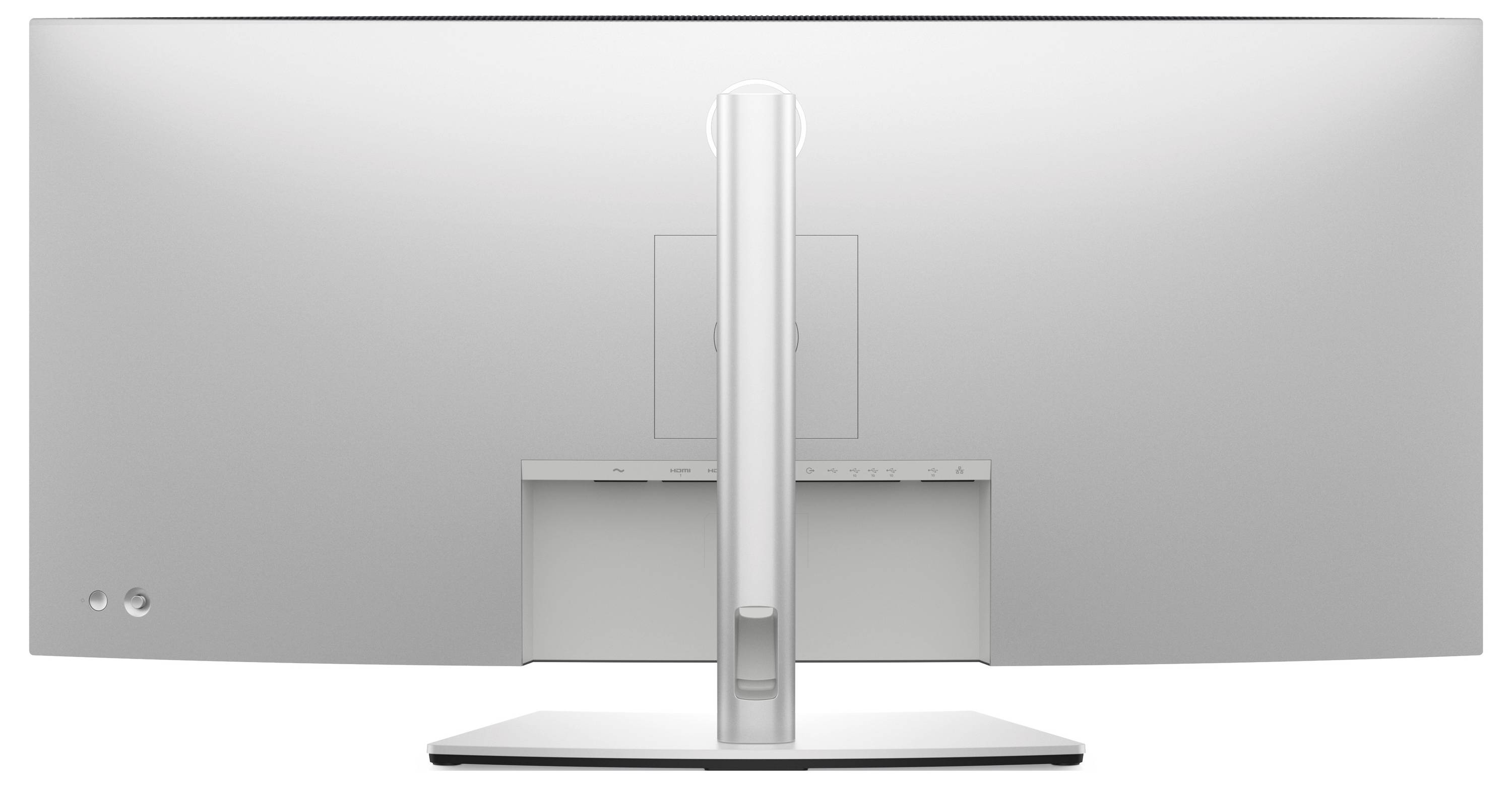 Das Bild zeigt die Rückansicht eines Breitbild-Computermonitors auf einem Ständer mit elegantem Silberfinish und minimalistischem Design.