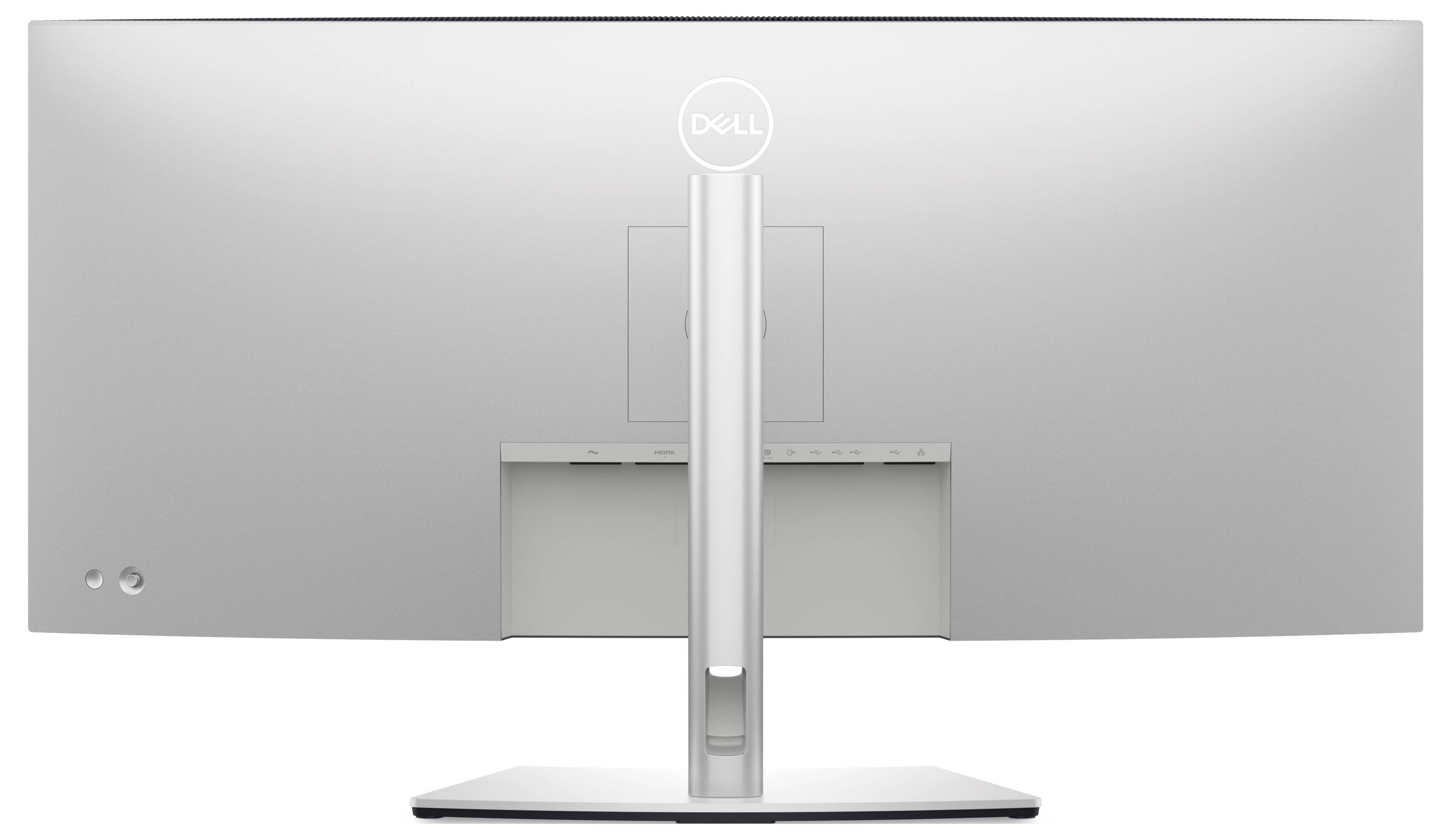 Das Bild zeigt die Rückseite eines großen, schlanken, grauen Dell-Monitors mit einem rechteckigen Ständer, auf dem prominent das Dell-Logo in der Mitte platziert ist.