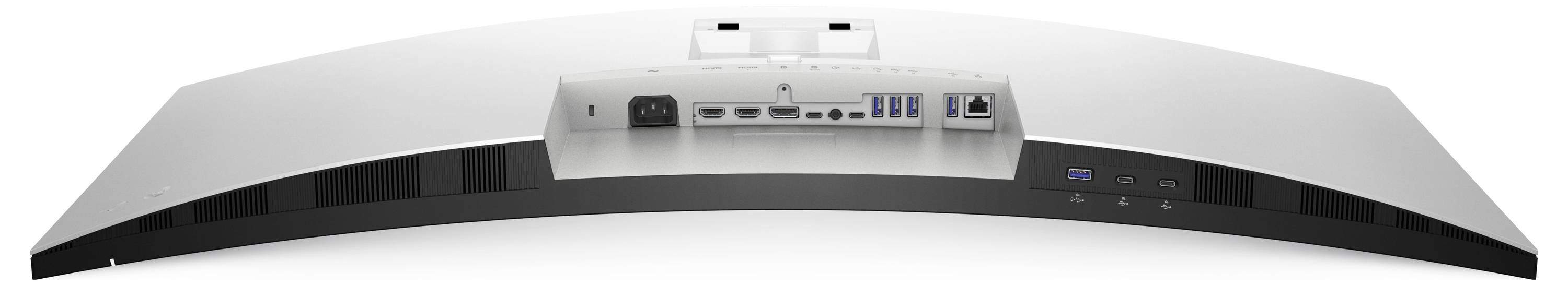 Das Rückpanel eines Monitors, der verschiedene Eingabe- und Ausgabeanschlüsse zeigt, einschließlich HDMI-, USB- und Ethernet-Verbindungen.
