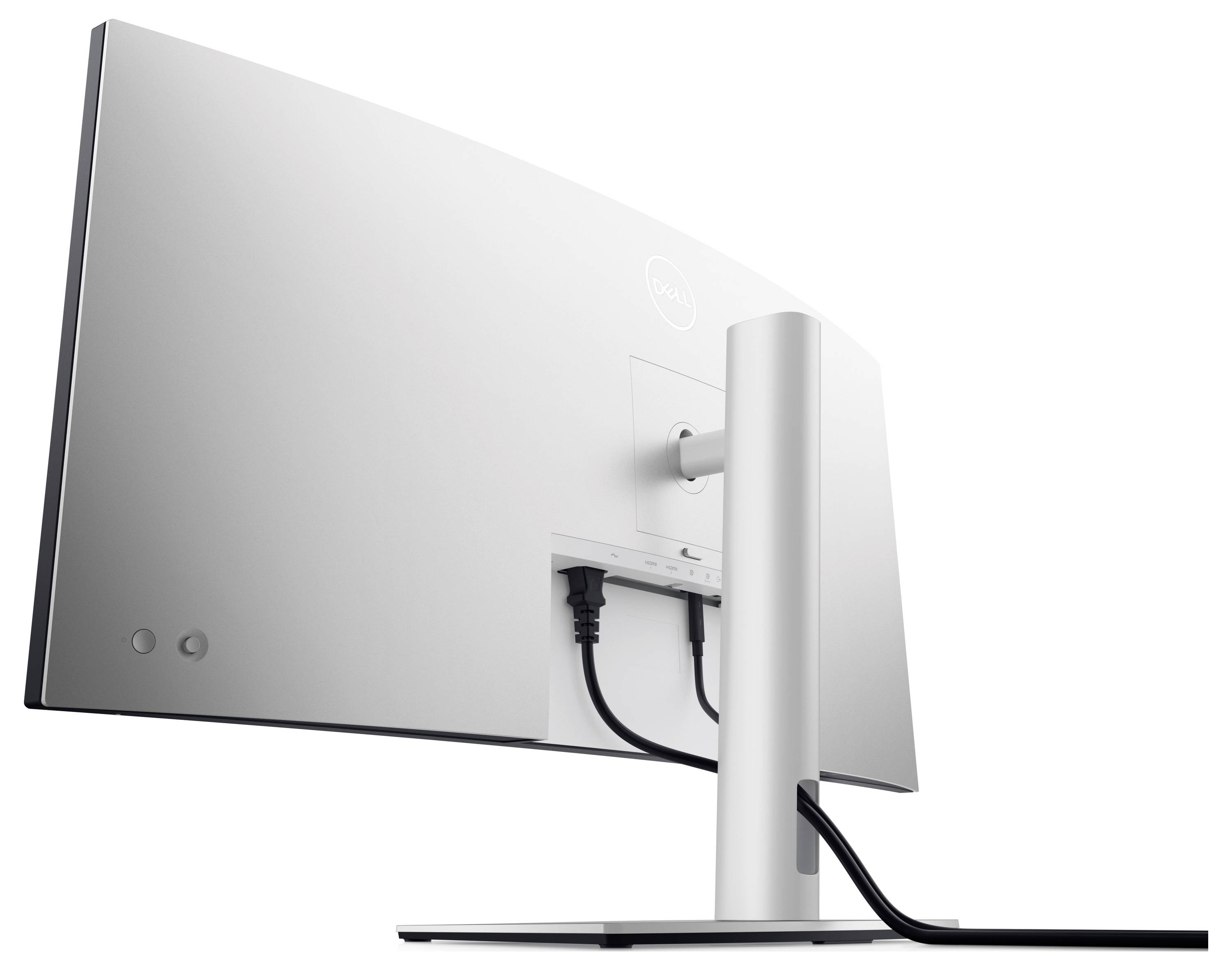 Das Bild zeigt die Rückseite eines gebogenen Computermonitors auf einem Ständer mit drei angeschlossenen Kabeln. Der Monitor ist schlicht und modern gestaltet.
