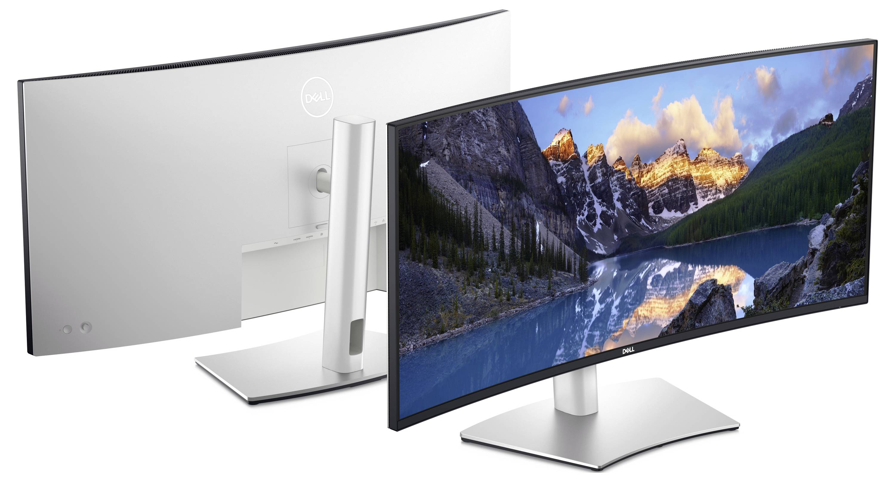 Gebogene Ultrawide-Monitore, die eine Berglandschaft darstellen. Einer wird von hinten gezeigt mit einem minimalistischen Design, das den schlanken Ständer hervorhebt.