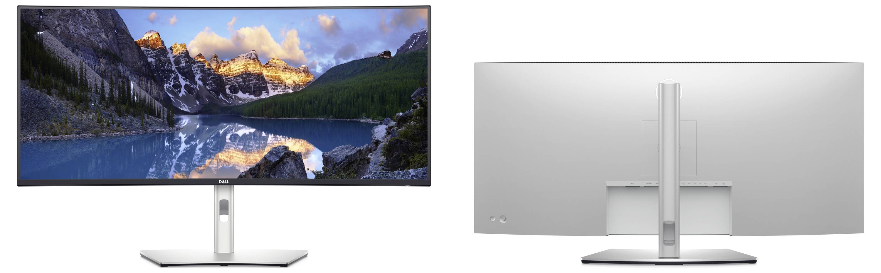 Vorder- und Rückansicht eines ultrabreiten Computermonitors, der eine Berglandschaft mit See darstellt.