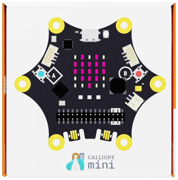 Eine Calliope Mini-Platine mit verschiedenen Sensoren und LED-Anzeigen auf einer weißen Hintergrundfläche.